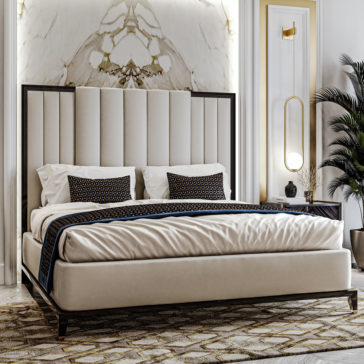 High End Art Deco Style Bed Modern bedroom with a large High End Art Deco Style Bed featuring a tall, vertically-paneled headboard. The bed is dressed in cream bedding with patterned pillows and a stylish throw. A marble accent wall, an ornate wall sconce, and a large potted plant enhance the elegant Art Deco-style decor.