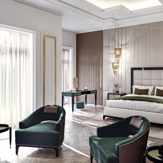 A modern hotel room with stylish decor features a king-sized bed with a white headboard, dark wood accents, and green cushions. Two green armchairs with brown pillows are in the foreground. The sophisticated ambiance of the room is enhanced by a High End Art Deco Style Dressing Table, wooden desk, pouf, and elegant pendant lights.