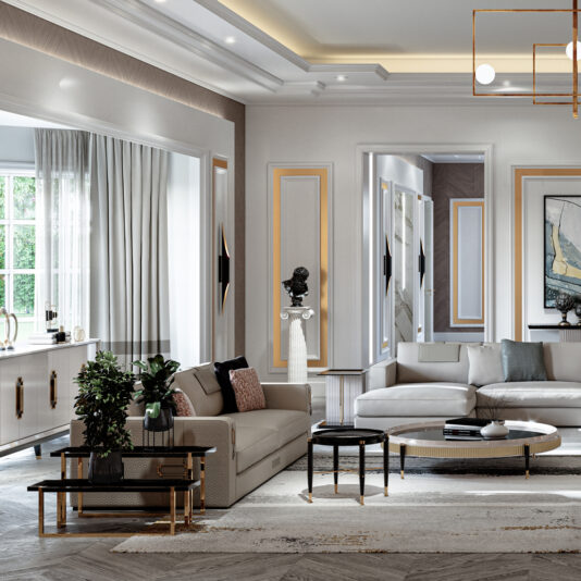 High End Art Deco Style Sofa A modern living room featuring neutral tones, elegant furniture, and gold accents. The High End Art Deco Style Sofa is flanked by side tables, and a round coffee table sits atop a patterned rug. Large windows with white drapes allow natural light to enter. Art decorates the walls.