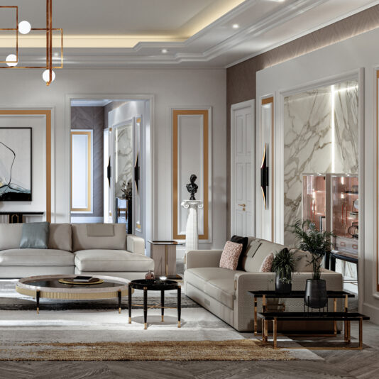 High End Art Deco Style Sofa A modern, elegant living room with two High End Art Deco Style Sofas, a round ottoman-style coffee table, and two smaller tables. The room features contemporary art, sculptures, and plants, with elaborate ceiling lights. The decor is sophisticated with neutral tones and gold accents.