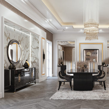 Elegant dining room with a luxurious modern design. Features a black dining table with black chairs, the High End Veneer And Marble Sideboard adorned with decorative accents, a marble wall backdrop, chandelier, and soft rug. Warm lighting and clean lines enhance the sophisticated atmosphere.