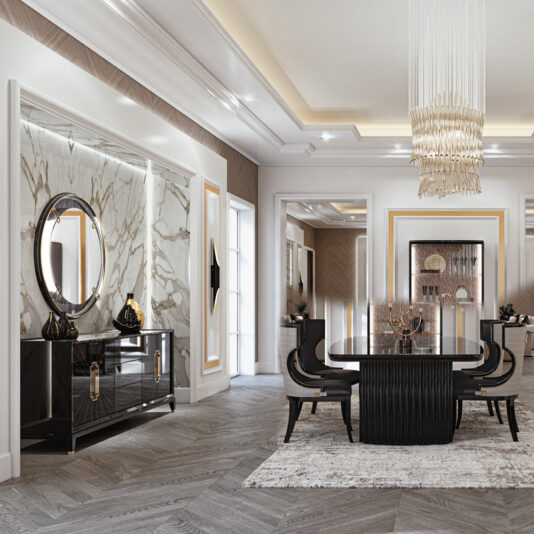 High End Veneer And Marble Sideboard Elegant dining room with a luxurious modern design. Features a black dining table with black chairs, the High End Veneer And Marble Sideboard adorned with decorative accents, a marble wall backdrop, chandelier, and soft rug. Warm lighting and clean lines enhance the sophisticated atmosphere.