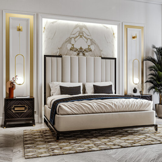 Stylish bedroom featuring a large bed with a tufted headboard and dark wooden frame. Two High End Veneer Bedside Cabinets, each topped with a modern lamp, flank the bed. The marble backdrop boasts gold accents, while a patterned rug complements the light wood floor. A leafy plant adds a touch of nature in the corner.