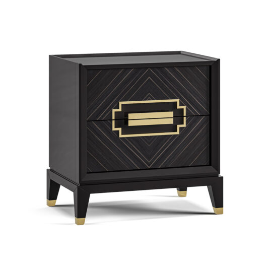 Introducing the High End Veneer Bedside Cabinet: a sleek, black nightstand featuring two drawers with a textured diagonal wood pattern. Each drawer is adorned with a large rectangular metallic gold handle, and the piece is set on gold-tipped legs, adding an elegant flair to its contemporary design.