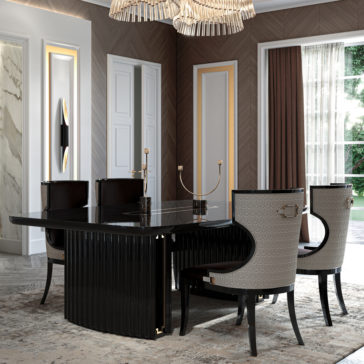 Luxury Art Deco Style Veneer Dining Set The Luxury Art Deco Style Veneer Dining Set includes a sleek black veneer table with elegant fluted legs and four stylish chairs upholstered in beige fabric with black frames. The dining room is complemented by modern wall decor, a large window adorned with brown curtains, and a sophisticated chandelier.
