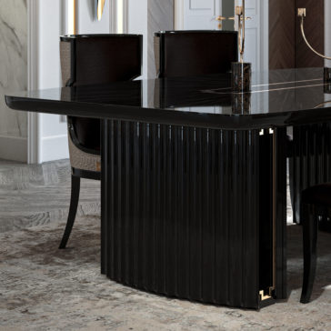 Luxury Art Deco Style Veneer Dining Set A luxurious dining room adorned in Art Deco style boasts the Luxury Art Deco Style Veneer Dining Set, featuring a sleek black dining table with a reflective surface and an elegant ribbed base. This sophisticated veneer set is complemented by high-back chairs, all beautifully set against a backdrop of neutral-toned flooring and pristine white walls.