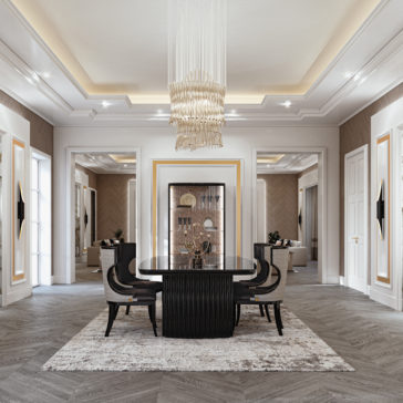 Luxury Art Deco Style Veneer Dining Set A luxurious dining room showcases the Luxury Art Deco Style Veneer Dining Set, a black rectangular table accompanied by six modern upholstered chairs, all resting on a light patterned rug. Overhead, a cascading chandelier adds a touch of elegance. The room, embodying luxury and the Art Deco style, features elegant coffered ceilings and light walls with two open doorways in the background.