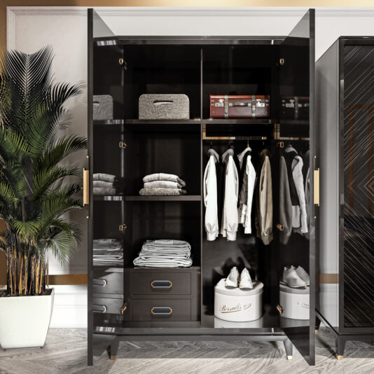 The High End Veneer Wardrobe Cabinet features sleek glass doors that showcase a meticulously organized interior. Inside, you'll find neatly folded clothes, hanging shirts and jackets, storage boxes labeled 