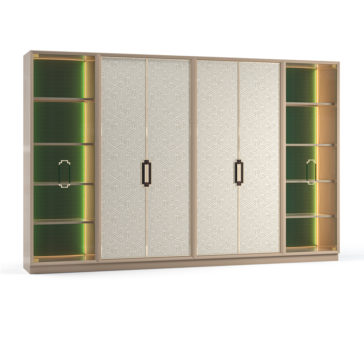 Large High End Integrated Wardrobe The Large High End Integrated Wardrobe is a modern wooden piece with a symmetrical design, featuring two sliding doors adorned with geometric patterns in the center. Open shelving spaces with green back panels flank the doors, each illuminated by soft yellow lights, offering an integrated touch of elegance.