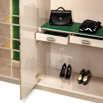 Large High End Integrated Wardrobe The Large High End Integrated Wardrobe, with open doors, showcases shelves lined with green velvet, drawers adorned with gold handles, and a dedicated compartment for hanging shoes. Inside this sophisticated piece, there's a black handbag, a neatly folded black outfit, and three pairs of shoes displayed on the bottom rack.