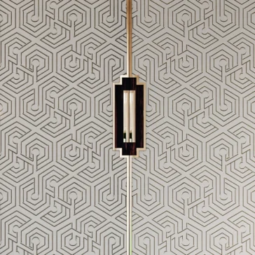 Large High End Integrated Wardrobe A geometric wallpaper featuring a hexagonal maze pattern in dark lines against a light background sets the stage, highlighted by a glowing sconce, perfectly complementing the sleek, layered design of the Large High End Integrated Wardrobe.
