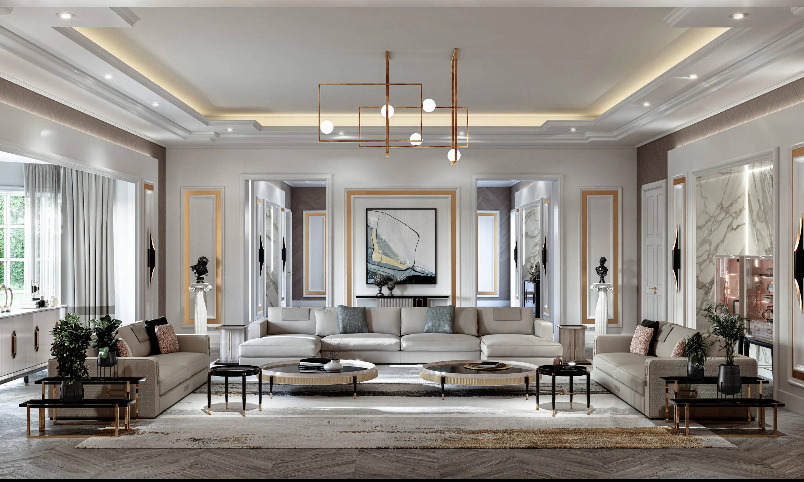 A luxurious living room with modern decor. Neutral tones dominate the space, featuring a large sofa, contemporary artwork, elegant lighting fixtures, and a combination of natural and accent lighting. Several side tables display decorative items.
