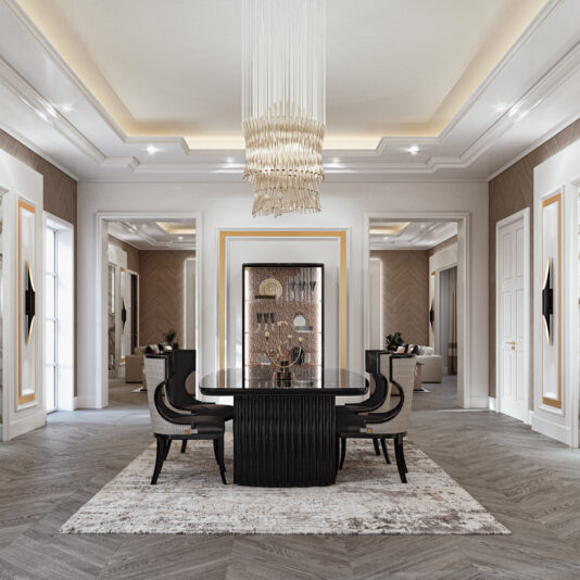 Luxury Art Deco Style Dining Chair A modern, luxurious dining room features a dark rectangular dining table surrounded by the Luxury Art Deco Style Dining Chairs, upholstered in an elegant black and beige fabric. An ornate chandelier hangs above the table, while the room is adorned with wood flooring, sophisticated crown molding, and large doors that connect to adjacent rooms.
