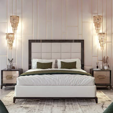 Luxury Two-Tone Lacquered Bedside Cabinet A stylish bedroom features a large bed with a cushioned headboard, green accent pillows, and white bedding. Two unique and elegant chandeliers hang on each side of the bed. Luxurious two-tone lacquered bedside cabinets, named