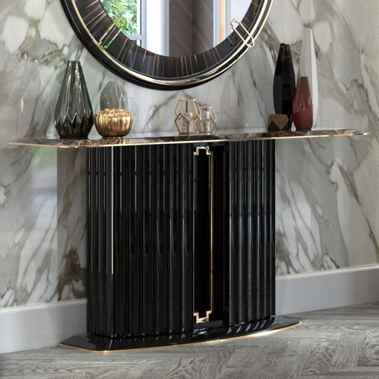 A sleek, modern hallway features a Marble Art Deco Style Console Table against a marbled wall. This black, ribbed table is adorned with geometric vases, a golden decorative piece, and an abstract sculpture. A large round mirror with a black and gold frame is mounted above the table.