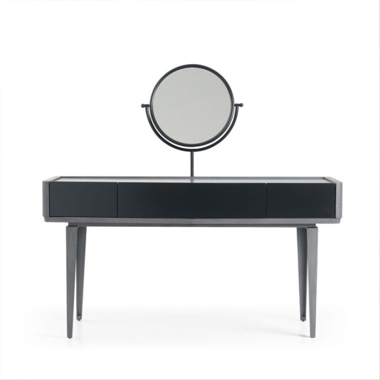 The Modern Dressing Table With Mirror is a sleek black piece featuring a rectangular tabletop and three drawers. It includes a round, adjustable mirror mounted on a simple stand. The vanity rests on four slender, tapered legs and showcases a minimalist design against a white background.