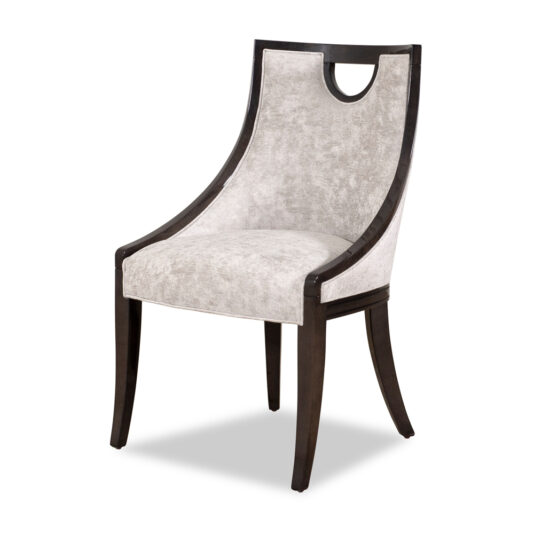 Modern Walnut Luxury Dining Chair The Modern Walnut Luxury Dining Chair is a high-end dining chair that boasts a chic walnut frame and light beige upholstery. It features a high, curved backrest with an elegant cut-out handle near the top, complemented by four slightly flared legs. The plush seat and backrest provide exceptional comfort and style.