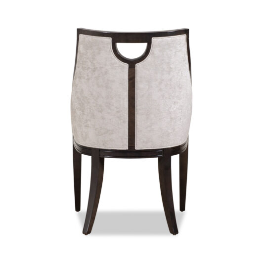 Modern Walnut Luxury Dining Chair A back view of the Modern Walnut Luxury Dining Chair showcasing its rectangular backrest upholstered in light fabric and a dark walnut frame. The chair features a cut-out handle at the top center of the backrest and dark wooden legs.