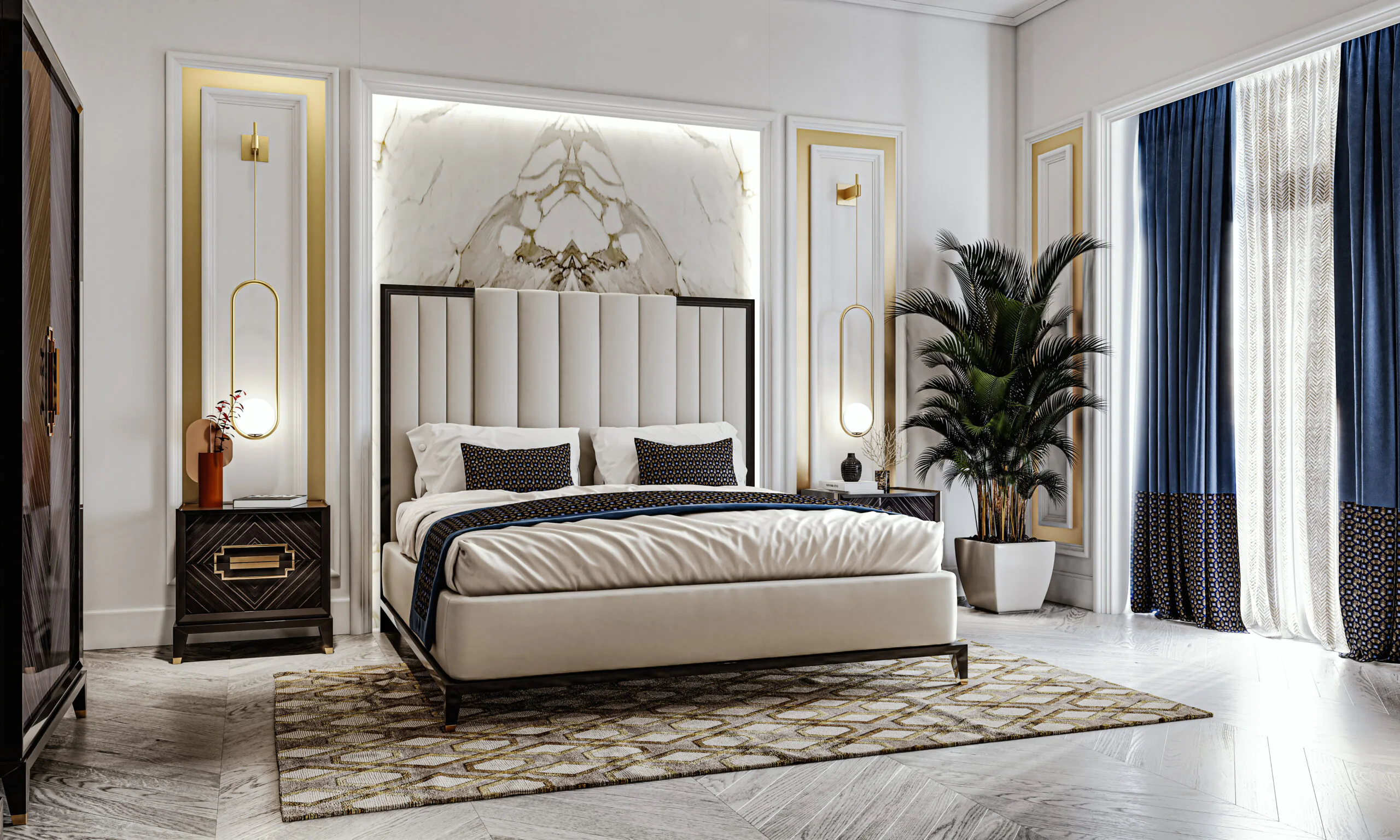 Luxurious bedroom with a large bed featuring a tall, padded headboard. Elegant bedside tables with lamps are on either side. A large potted plant is near the curtains, and a patterned rug lies on the herringbone wood floor.