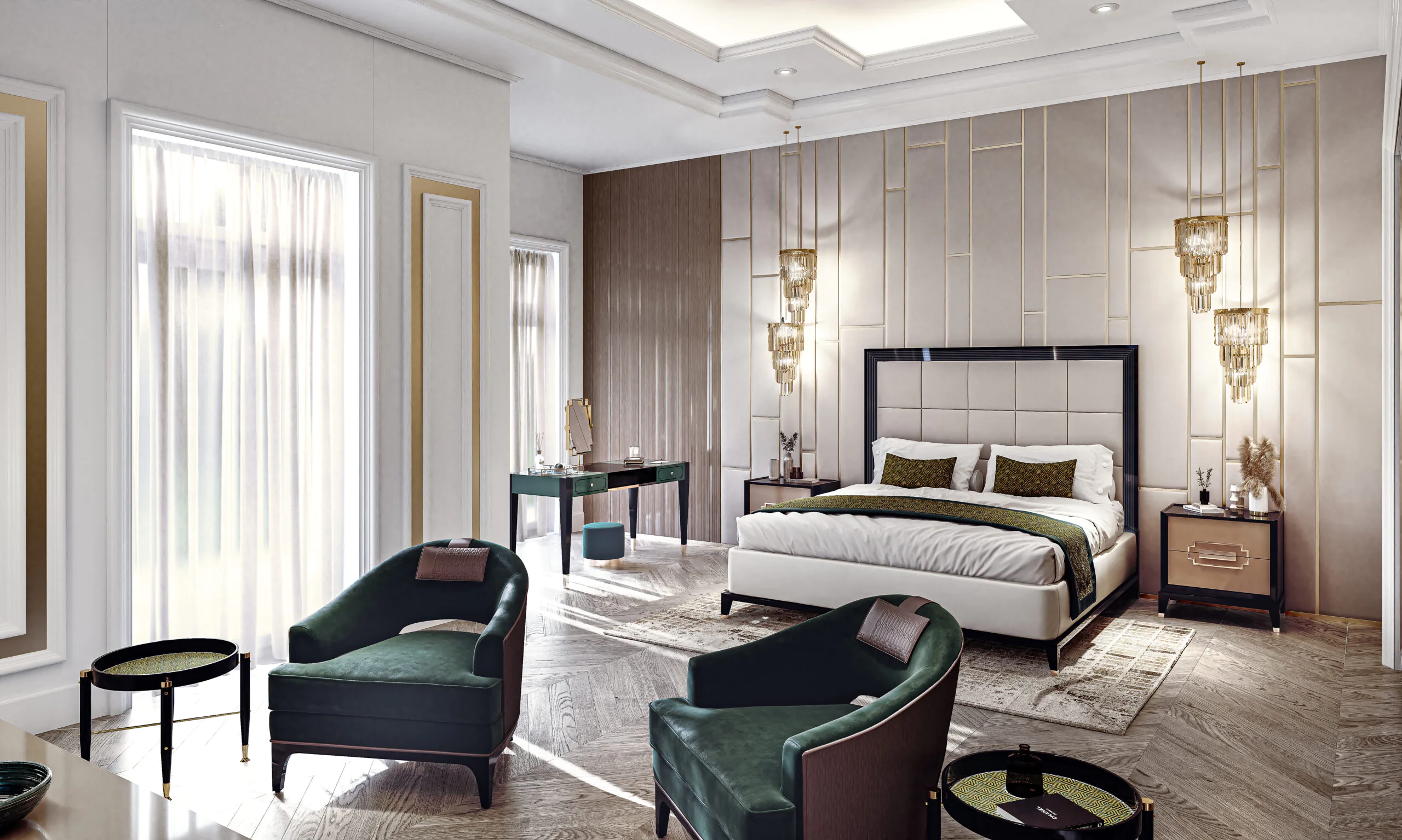 Luxurious bedroom with a large bed, elegant wall panels, and two green armchairs. Natural light streams through sheer curtains, highlighting a dark wood herringbone floor. Side tables and pendant lights add sophistication to the modern decor.