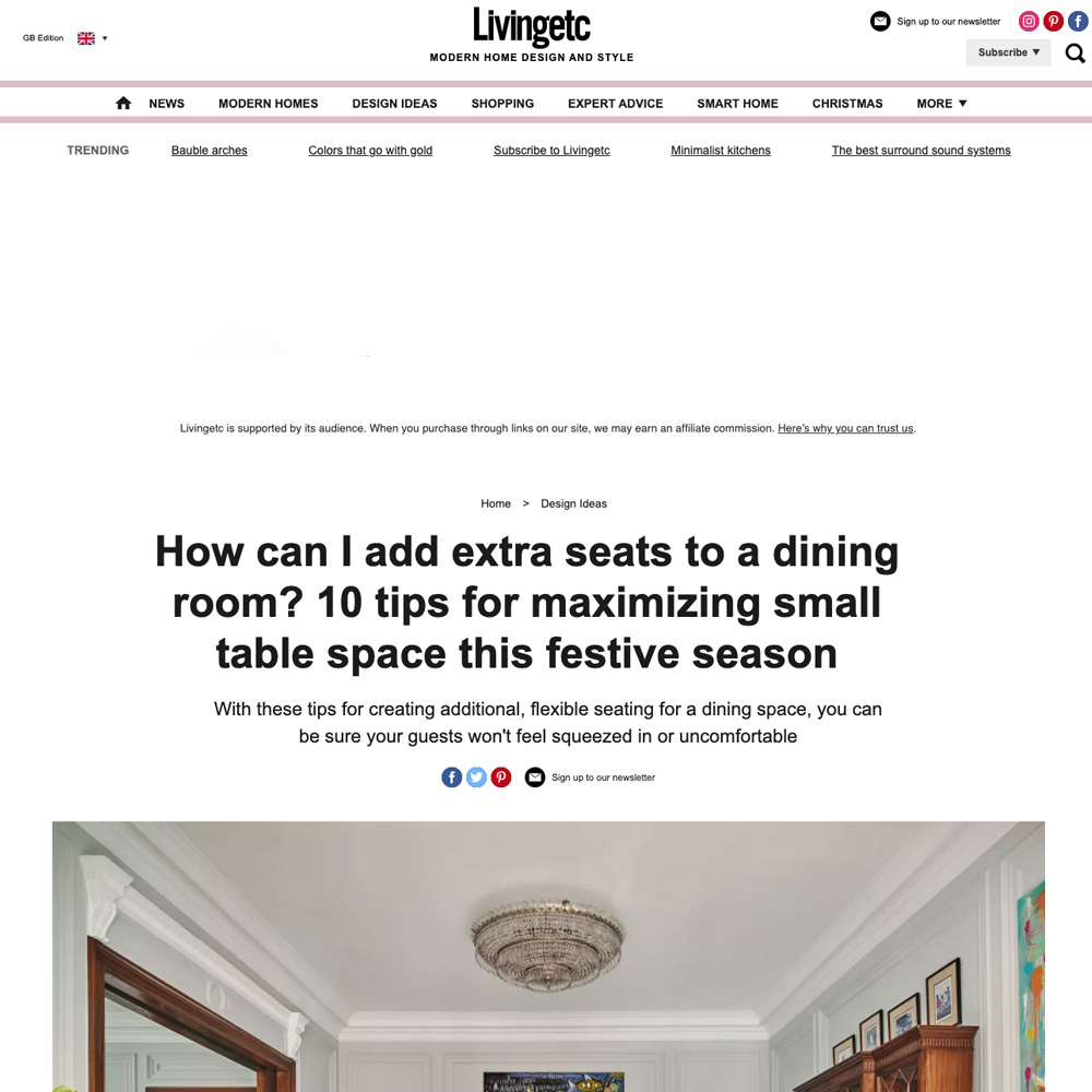 Screenshot of a Livingetc article titled “How Can I Add Extra Seats to a Dining Room? 10 Tips for Maximising Small Table Space This Festive Season.” The page includes navigation menus, social media sharing options, and a large article image showing a well-appointed dining room.