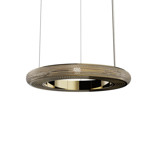 Contemporary Hoop Crystal Chandelier The Contemporary Hoop Crystal Chandelier features a circular hanging light fixture with a metallic finish and crystal accents. It boasts a braided-like texture on the exterior rim and is suspended by thin wires from the ceiling, creating an empty center for a modern hoop chandelier effect.