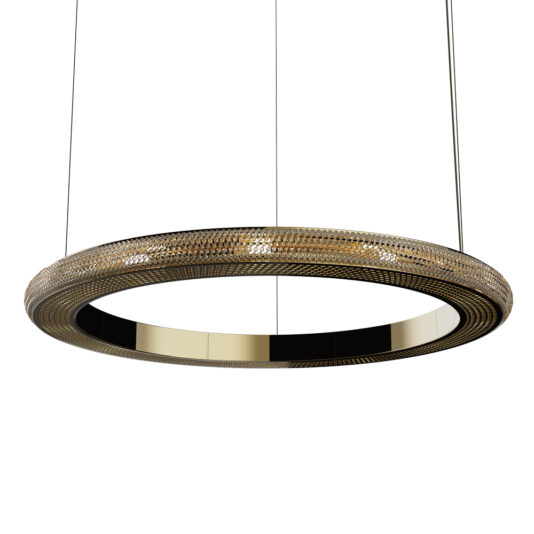 Contemporary Hoop Crystal Chandelier The Contemporary Hoop Crystal Chandelier, featuring a sleek and minimalistic circular design with a textured metallic finish, hangs from the ceiling. Its glowing inner ring provides illumination while thin wires support the fixture, creating an elegant floating effect similar to that of a crystal chandelier.