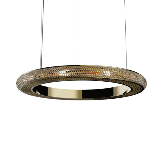 Contemporary Hoop Crystal Chandelier A modern Contemporary Hoop Crystal Chandelier with a sleek, shiny metallic finish. The fixture is suspended from the ceiling by two thin cables, and its textured, honeycomb-like design on the outer surface gives it an elegant and contemporary look.