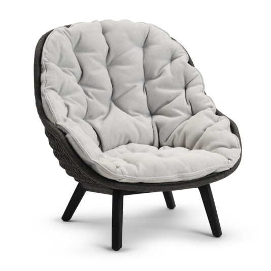 Contemporary Outdoor Woven Armchair The Contemporary Outdoor Woven Armchair features a light gray, tufted fabric seat and a dark frame, offering modern comfort with its cushioned, rounded deep seat. Supported by four black legs, this chair’s woven upholstery is soft and inviting—ideal for any outdoor setting.