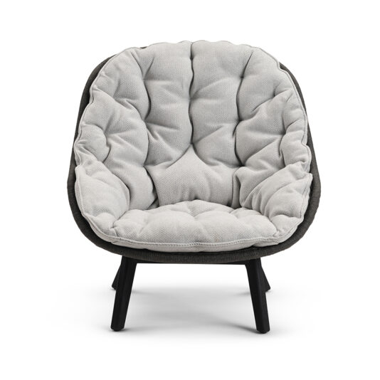 Contemporary Outdoor Woven Armchair A front view of the Contemporary Outdoor Woven Armchair, showcasing its cushioned design and puffy, quilted features. The chair is upholstered in light gray fabric and stands on sleek black wooden legs, offering a stylish and comfortable seating option.