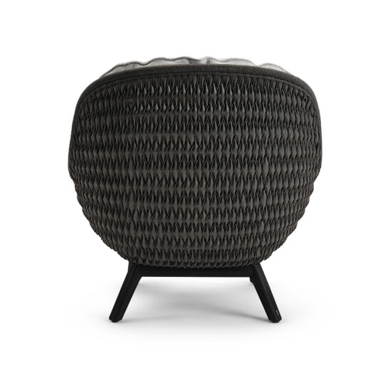 Contemporary Outdoor Woven Armchair The Contemporary Outdoor Woven Armchair features a stylish, round design with an intricate black woven pattern adorning its backrest and seat. It stands on four sleek black legs and includes a plush light gray cushion, providing both modern elegance and comfort. Ideal for outdoor spaces, this armchair is set against a clean white background, making it a versatile addition to any setting.