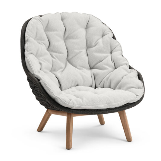 Contemporary Outdoor Woven Armchair The Contemporary Outdoor Woven Armchair features a modern cushioned seat and backrest in textured light grey fabric. This chair boasts a dark woven frame supported by four angled wooden legs, seamlessly blending style and comfort for any outdoor setting.