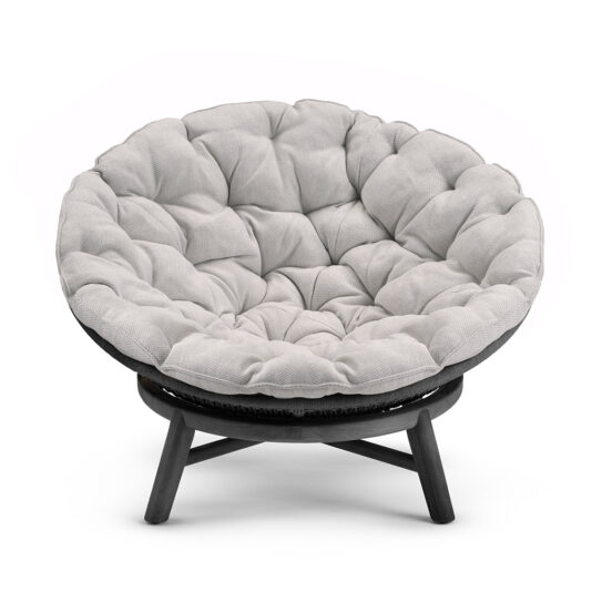 Contemporary Outdoor Woven Daybed Introducing the Contemporary Outdoor Woven Daybed: a modern papasan-style chair featuring a dark wooden frame and a plush, light-gray tufted cushion. The round, textured fabric cushion rests on a circular, sturdy base, providing an elegant and comfortable seating option for your outdoor space.
