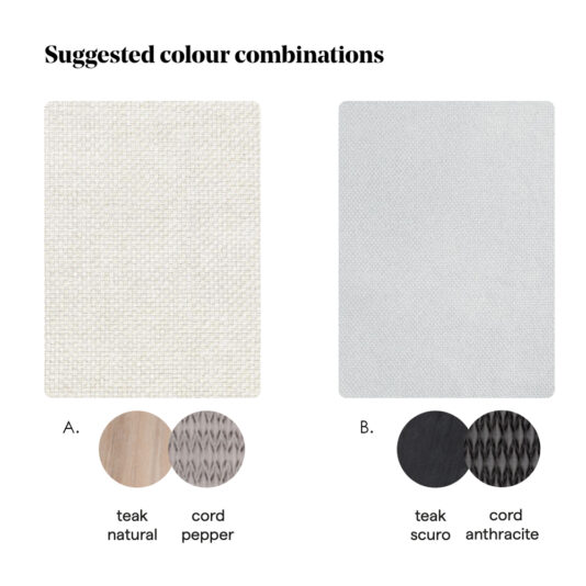 Contemporary Outdoor Woven Daybed The image displays recommended color pairings for home furnishings labeled A and B. Combination A highlights the 'teak natural' and 'cord pepper' colors, while combination B showcases the 'teak scuro' and 'cord anthracite' shades, ideal for a Contemporary Outdoor Woven Daybed. Each pairing includes a swatch and fabric samples.