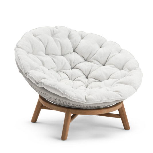 Contemporary Outdoor Woven Daybed The Contemporary Outdoor Woven Daybed is a stylish, white circular lounge chair with a tufted cushion and woven support, set on four sturdy wooden legs. Its cozy and inviting design ensures comfortable seating for any outdoor space.