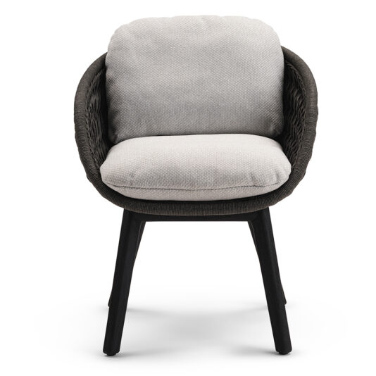 Contemporary Outdoor Woven Dining Chair The Contemporary Outdoor Woven Dining Chair features a modern design with a dark frame and light grey cushioned seat and backrest. It stands on four sleek, black legs, providing a stylish and versatile appearance suitable for various interior designs.