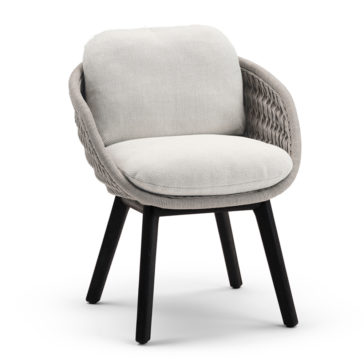 The Contemporary Outdoor Woven Dining Chair is a modern armchair featuring a light gray cushioned seat and backrest, with a woven backrest frame in a matching color. It stands on four black wooden legs, exuding stylish elegance.