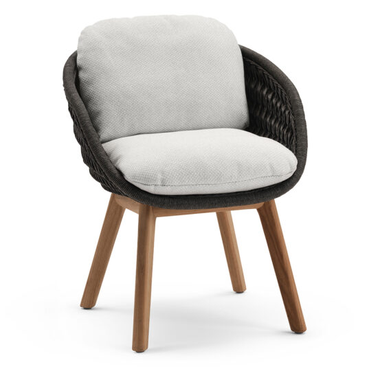 Contemporary Outdoor Woven Dining Chair The Contemporary Outdoor Woven Dining Chair showcases a light gray cushioned seat and backrest. It features a rounded, dark woven frame supported by four wooden legs. The design effortlessly blends modern and natural elements, making it ideal for both indoor and outdoor settings.