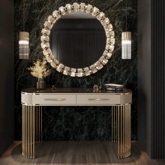 Contemporary Round Crystal Mirror A Contemporary Round Crystal Mirror adorning a wall.