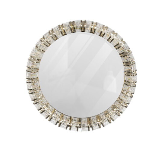 Contemporary Round Crystal Mirror Our **Contemporary Round Crystal Mirror** features a decorative frame adorned with sparkling crystals, arranged in a geometric pattern that seamlessly blends clear and metallic elements. Its luxurious, elegant design makes it the perfect addition to modern home decor.