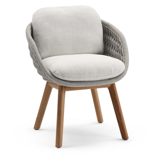 Contemporary Teak Outdoor Dining Set A contemporary teak outdoor dining set is perfectly complemented by a modern chair with a light gray cushioned seat and backrest. The chair features woven sides and sits on four angled wooden legs, blending natural and contemporary elements to make it ideal for various interior settings.