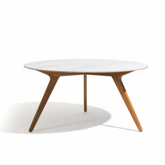 Contemporary Teak Outdoor Dining Set The Contemporary Teak Outdoor Dining Set features a modern round table with a sleek white marble top and three angled teak legs. Its minimalist design makes it ideal for outdoor settings, as shown against a plain white background.