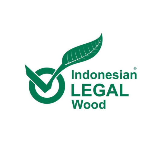Logo of Indonesian Legal Wood. The design features a green checkmark integrated with a leaf, symbolizing environmental compliance. The text reads 