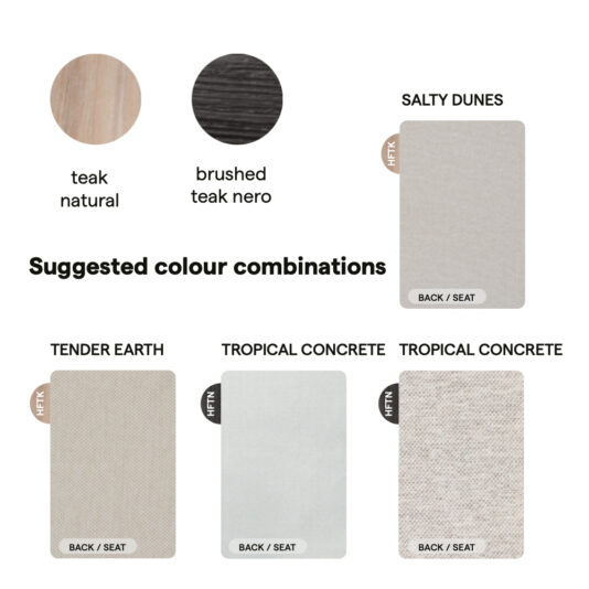 An image showcasing three recommended color combinations for the Modern Outdoor Teak Bar Stool. Each combination pairs a primary swatch with either 'teak natural' or 'brushed teak nero.' The primary swatches are named 'Salty Dunes,' 'Tender Earth,' and 'Tropical Concrete.'