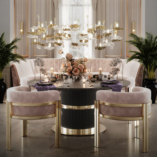 An elegant dining room features a Round Modern Ribbed Veneer Dining Set with a black table at its center, encircled by chic pink velvet and gold chairs. The tabletop is adorned with candles, intricate vases, and a vibrant floral centerpiece. Overhead, a contemporary chandelier with gold and glass details adds sophistication. Large windows frame the scene, complemented by tall plants in the background.