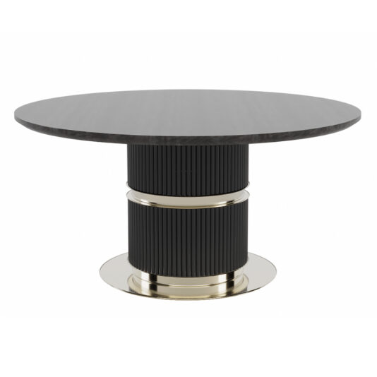 The Round Modern Ribbed Veneer Dining Set showcases a wooden-textured veneer top, elegantly supported by a cylindrical black ribbed base accented with metallic gold details at the top and bottom. The contemporary design is completed with a flat, circular gold pedestal for a sleek finish.