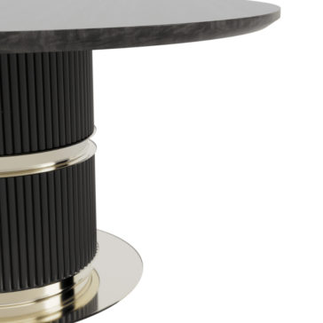 Round Modern Ribbed Veneer Dining Set Close-up of the Round Modern Ribbed Veneer Dining Set featuring a circular table with a glossy black top. The table has a decorative ribbed base with metallic accents around the middle and bottom, creating an elegant and contemporary design. The background is plain white.