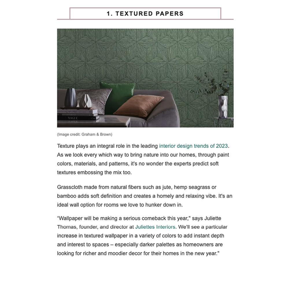 An article titled "1. Textured Papers" discusses the role of texture in 2023 interior design trends. It features a green, textured wallpaper behind a sofa with cushions, illustrating how wallpaper trends 2023 emphasize adding depth and character to home interiors.