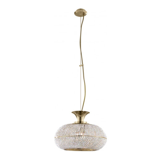 Contemporary Crystal Pendant Light The Contemporary Crystal Pendant Light features a golden fixture with a rounded, beaded glass shade hanging gracefully from the ceiling. It boasts an elegant, polished metal base and an adjustable cord length, adding a sophisticated and modern touch to its design.