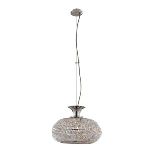 Contemporary Crystal Pendant Light The Contemporary Crystal Pendant Light is a chic, round fixture with a metallic finish, suspended from the ceiling by an adjustable cable. The shade features an intricately designed mesh-like pattern adorned with crystal accents, creating an elegant and decorative appearance.